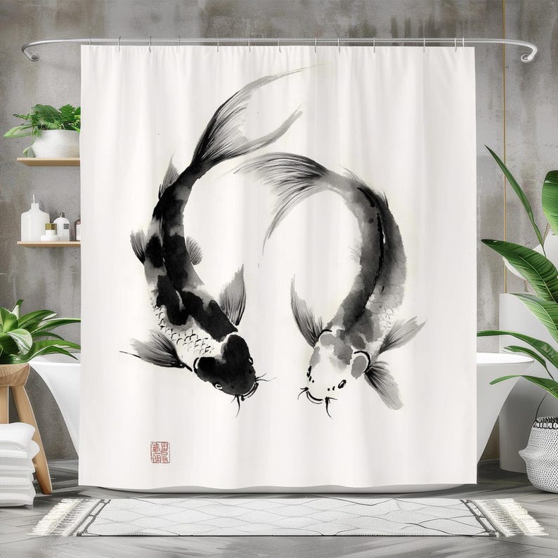 Fish Shower Curtain, Waterproo - مراجعة Japanese Home Bathroom Design وسعره