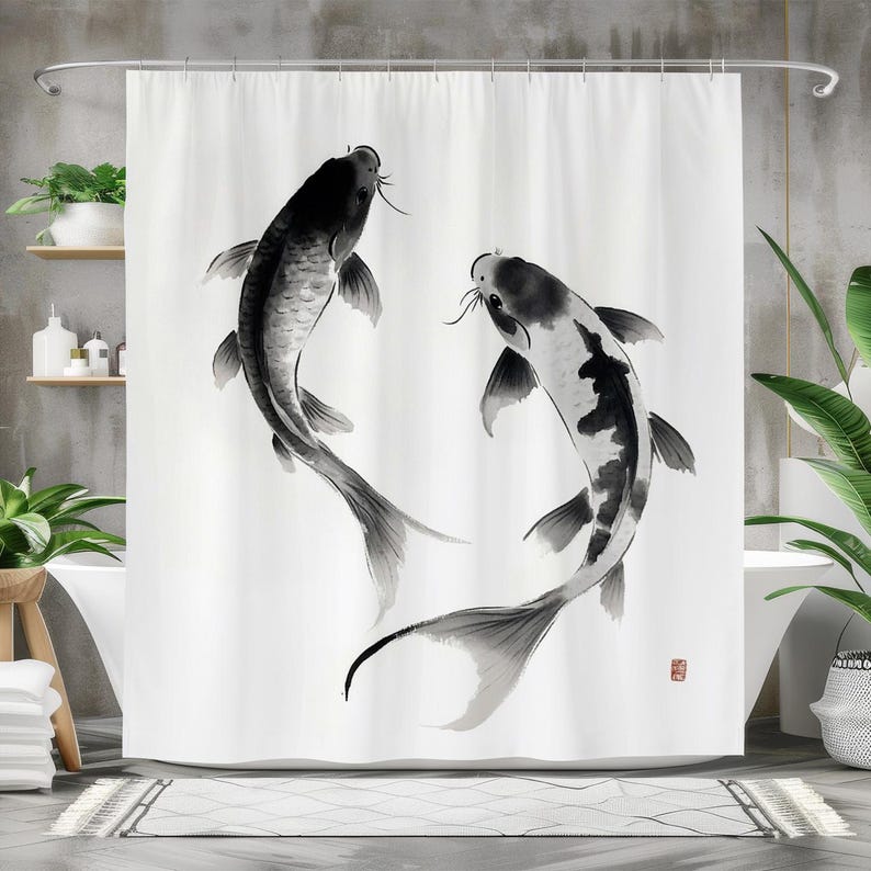 Fish Shower Curtain, Waterproo - مراجعة Japanese Home Bathroom Design وسعره